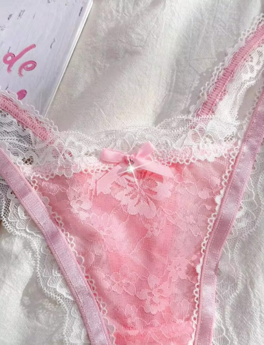 Women's Light Pink Floral Lace V-Waist Thong Panties with White Scalloped Trim & Bow Accent